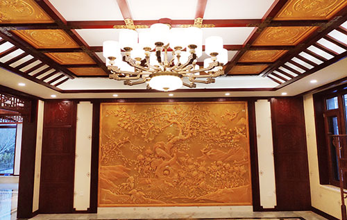 红河中式别墅客厅中式木作横梁吊顶装饰展示